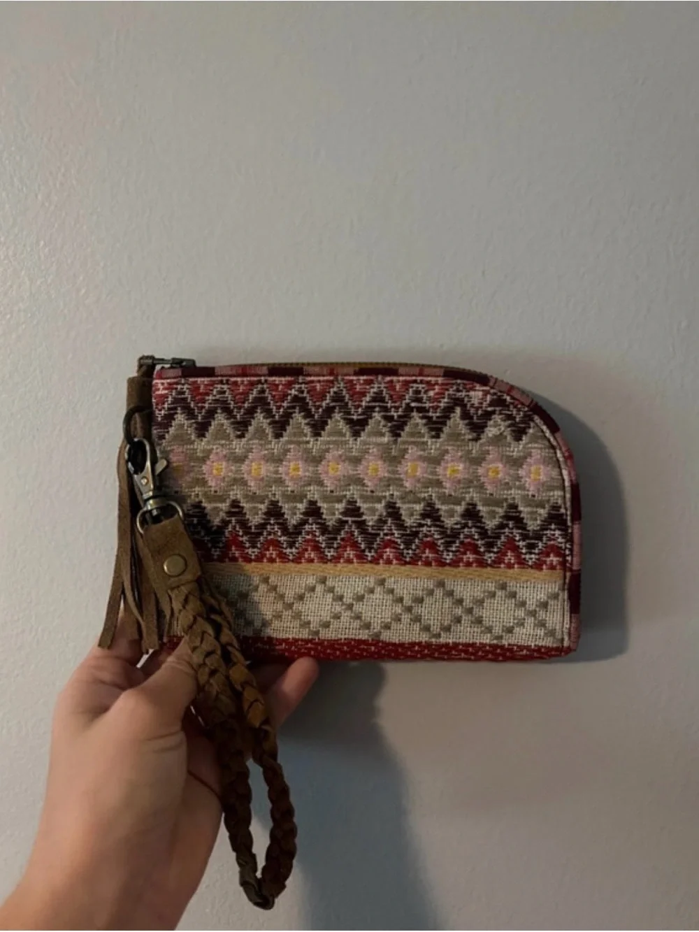 Noonday Collection Maroon & Brown Woven Wristlet Clutch